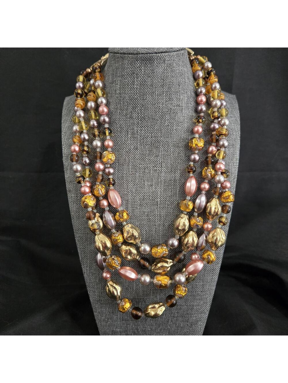 Vintage Multi Strand Necklace Gold Glass Foil Pink Amber Pearl Autumn Colors 60s